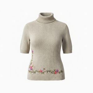 Neiman Marcus Beige Floral Embroidered Turtleneck Sweater Womans Large